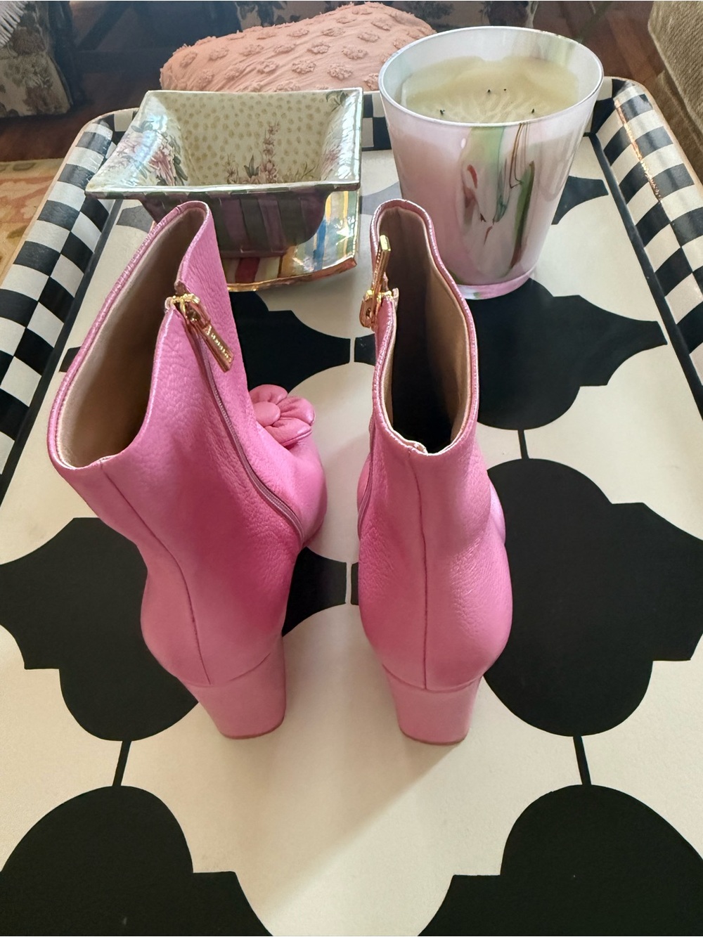 Pink Floral Appliqué Pointed-Toe Block-Heel Ankle Boots - Picture 5 of 10